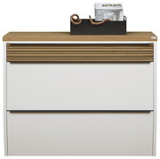 Frontansicht eines XL-Hängeschuhschranks mit LED, weiß mit Holzdetails und Zeitschriftenhalter auf der Oberseite.