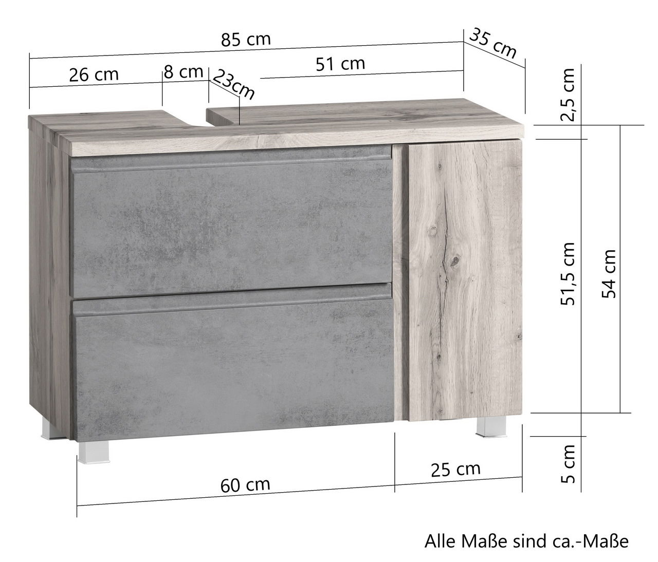 Waschbeckenunterschrank in Holzoptik mit grauen Fronten, Maße: 85 cm Breite, 54 cm Höhe, 35 cm Tiefe, perspektivische Ansicht von vorne links.