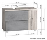 Waschbeckenunterschrank in Holzoptik mit grauen Fronten, Maße: 85 cm Breite, 54 cm Höhe, 35 cm Tiefe, perspektivische Ansicht von vorne links.