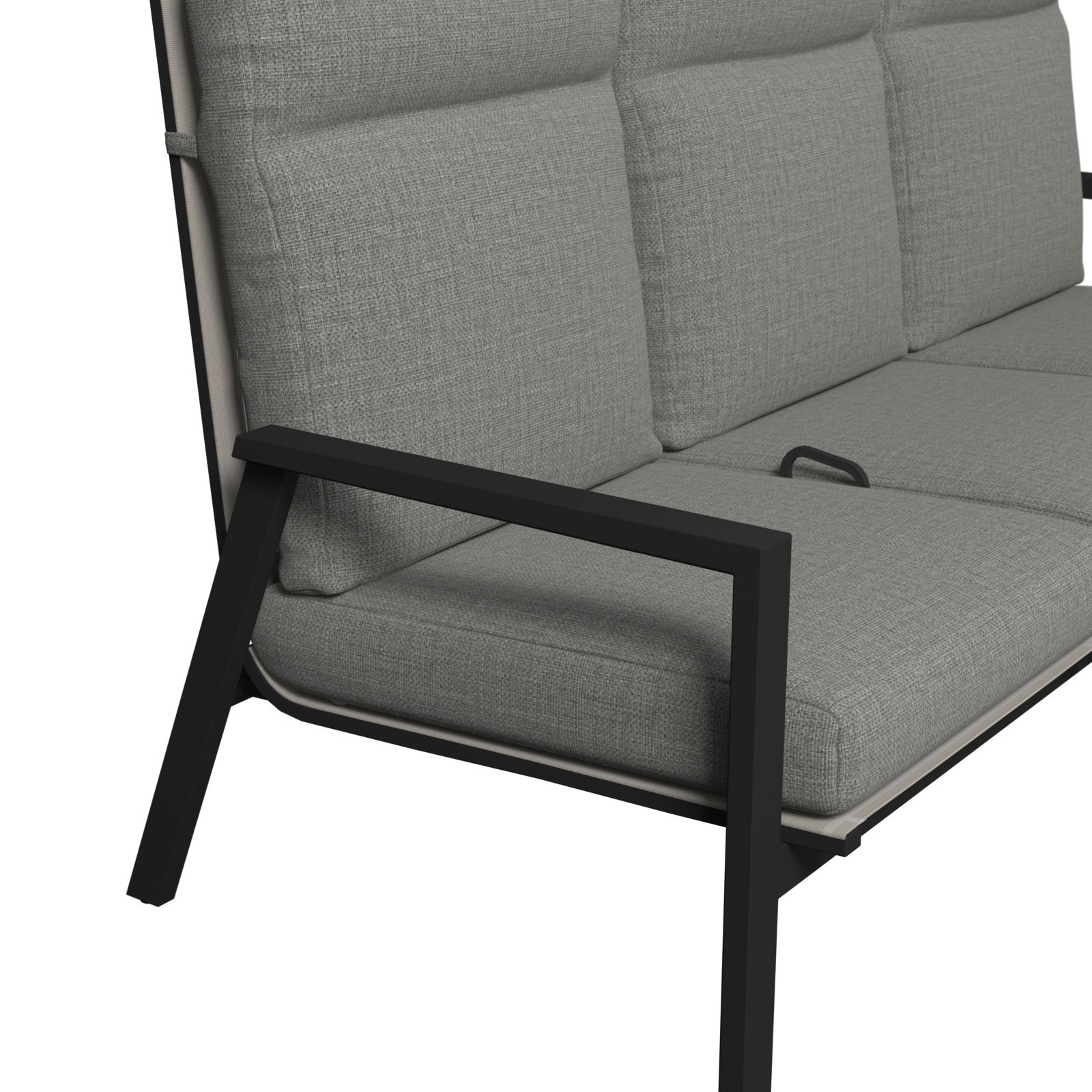 Nahaufnahme einer modernen grauen Gartenbank mit schwarzem Metallrahmen, seitliche Perspektive