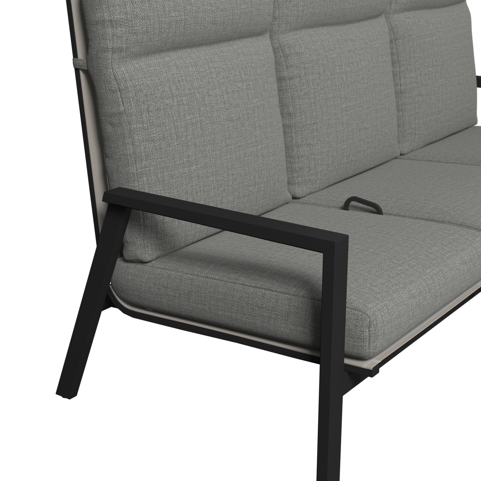 Nahaufnahme einer modernen grauen Gartenbank mit schwarzem Metallrahmen, seitliche Perspektive