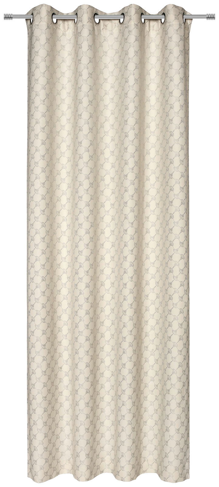 Ösenvorhang in natürlichem Beige mit dezentem Muster, frontal fotografiert.