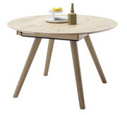 Runder Esstisch aus Holz mit vier schrägen Beinen, seitliche Perspektive