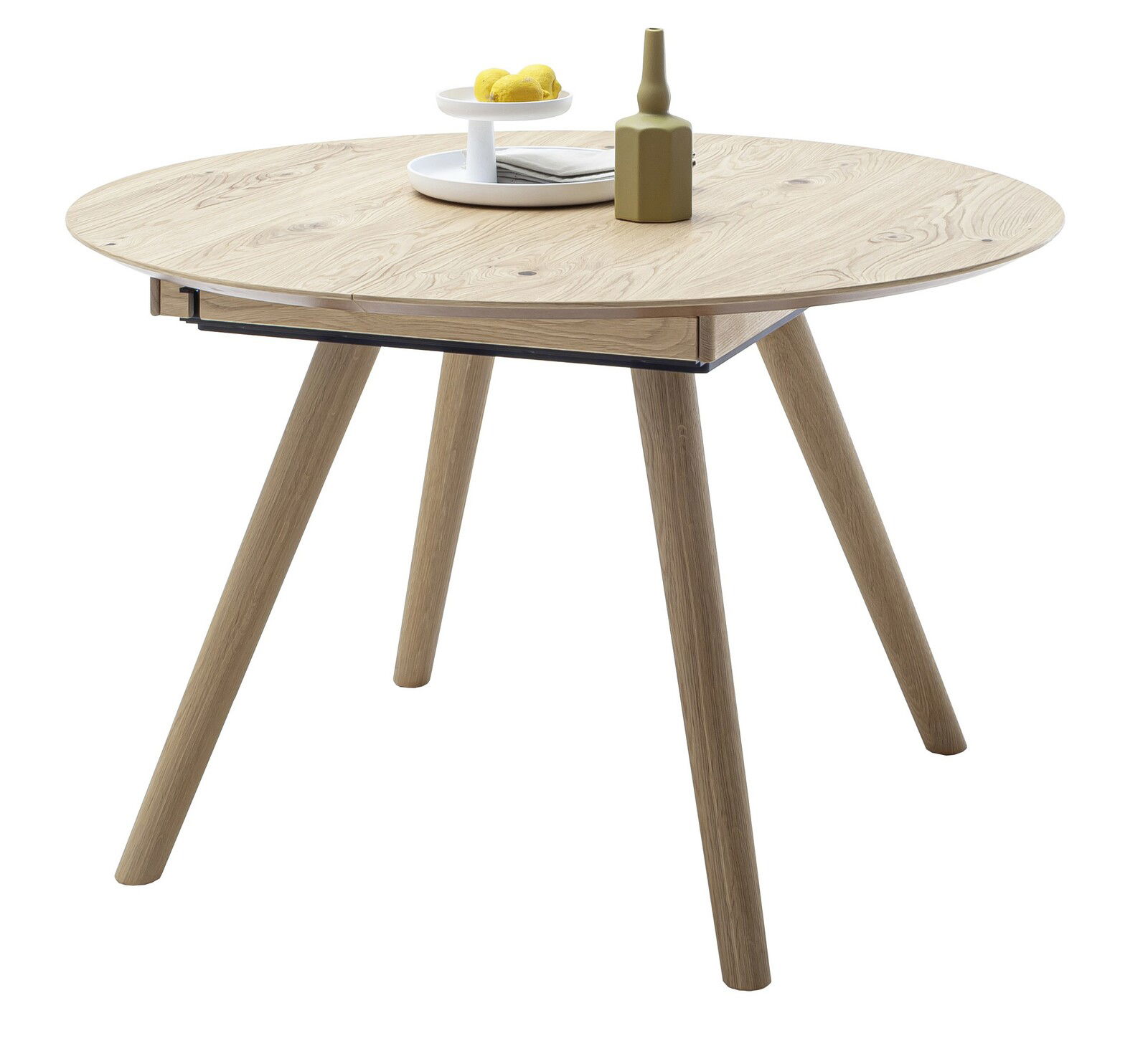 Runder Esstisch aus Holz mit vier schrägen Beinen, seitliche Perspektive