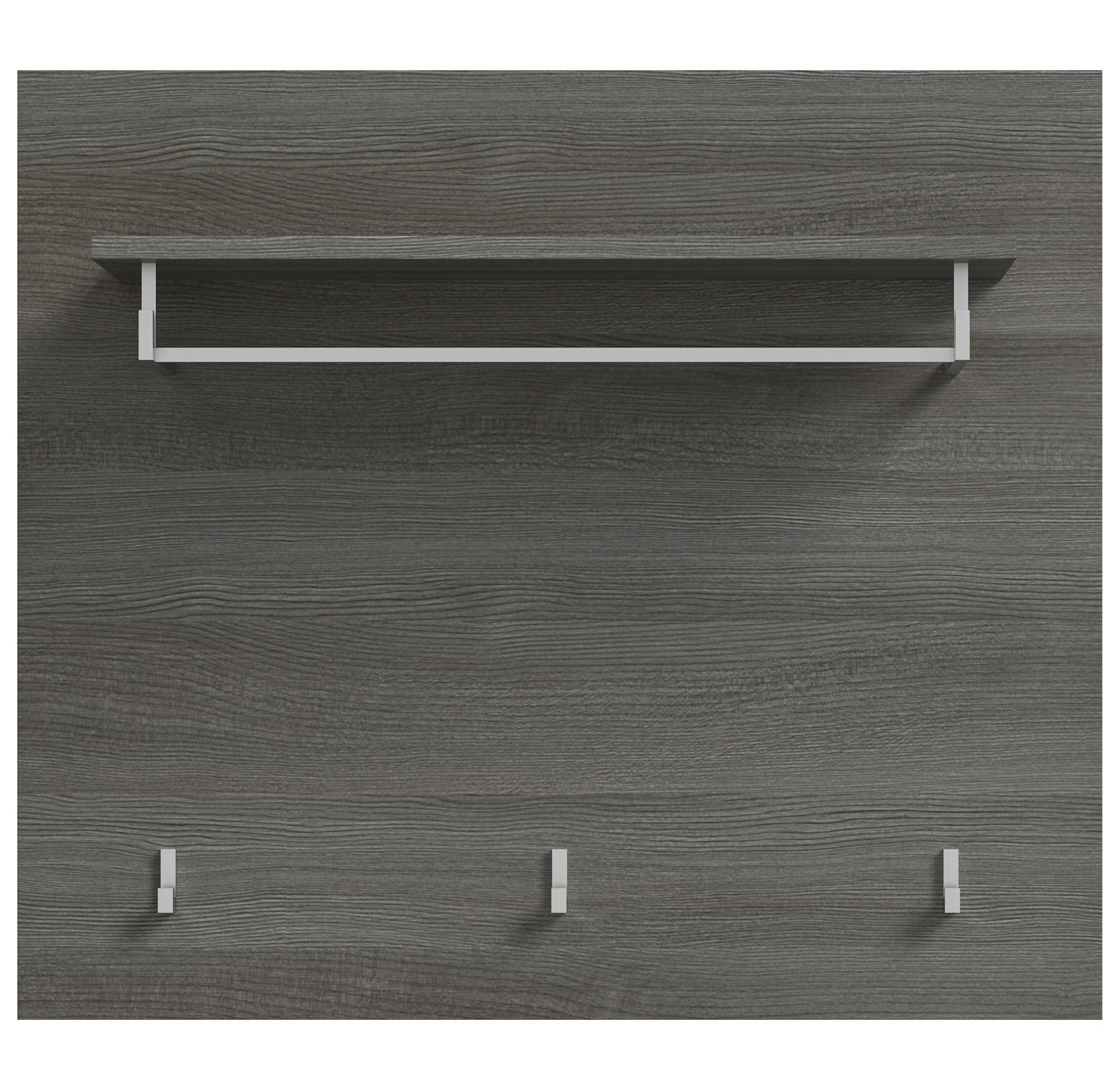 Garderobenpaneel in dunkler Holzoptik mit drei Haken und einem Regalbrett, Frontalansicht