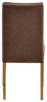 Rückansicht eines braunen Stuhls mit Holzbeinen