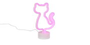 Pink leuchtende LED-Neonlampe in Katzen-Silhouette mit weißem Sockel und Kabel, freigestellt auf weißem Hintergrund, Frontalansicht.