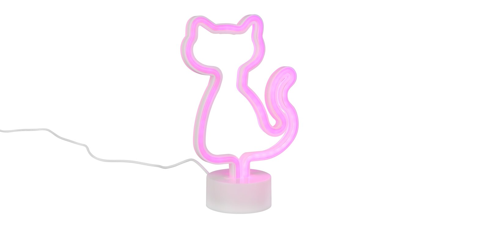 Pink leuchtende LED-Neonlampe in Katzen-Silhouette mit weißem Sockel und Kabel, freigestellt auf weißem Hintergrund, Frontalansicht.