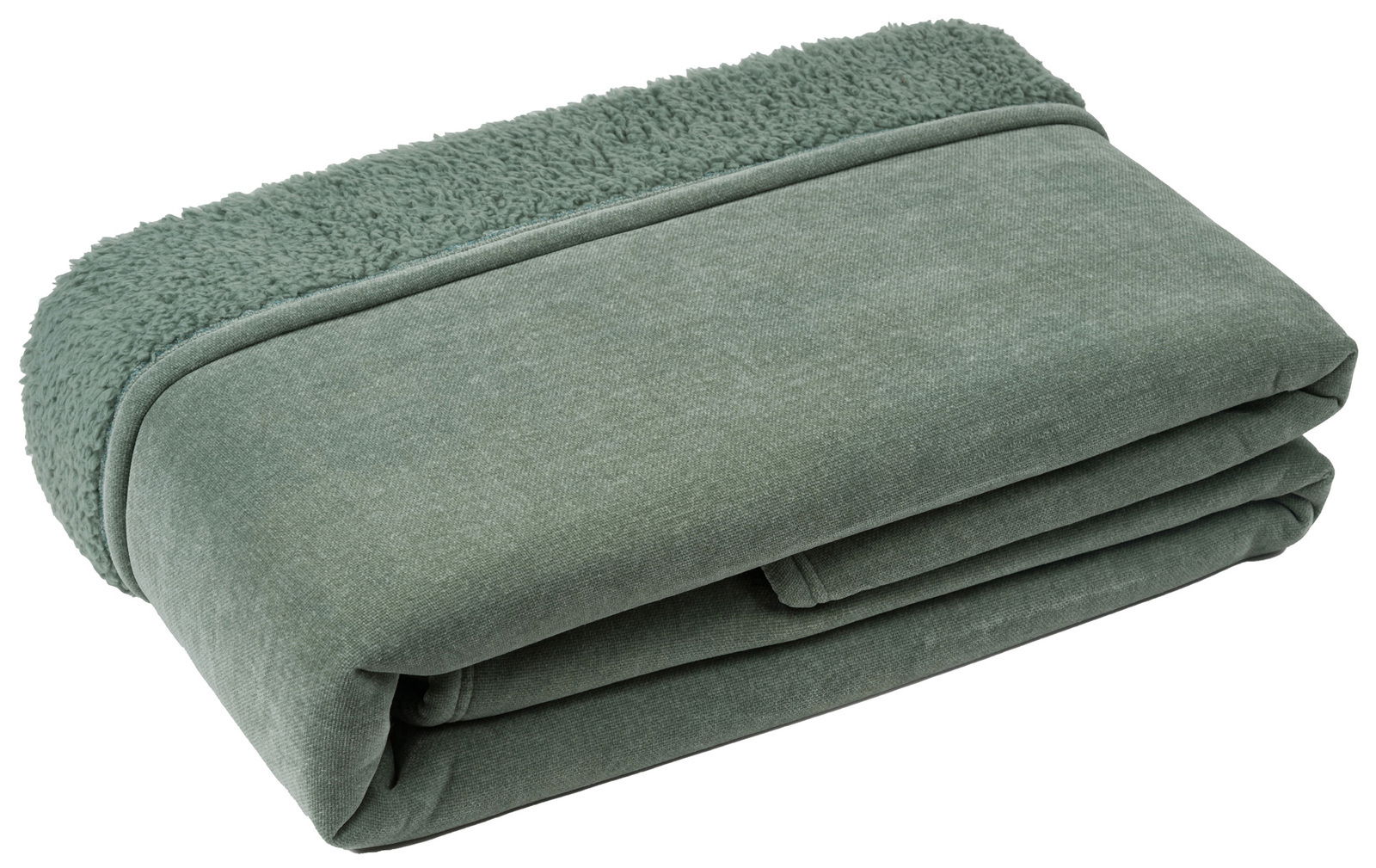 Gefaltete grüne Chenille Wohndecke mit flauschiger Kante, seitliche Perspektive