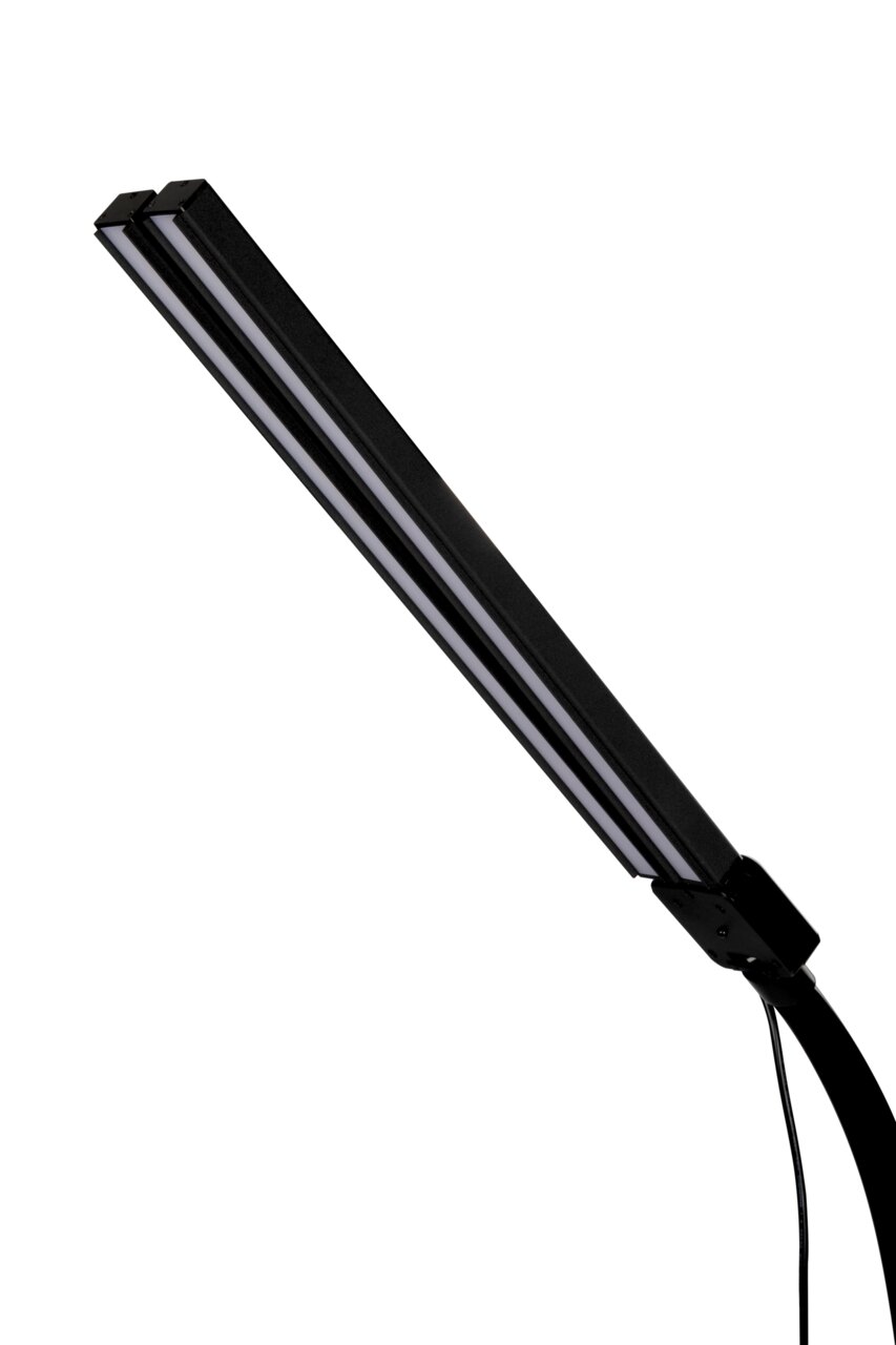 Schwarze LED-Klemmleuchte in seitlicher Perspektive mit schlankem, modernem Design.
