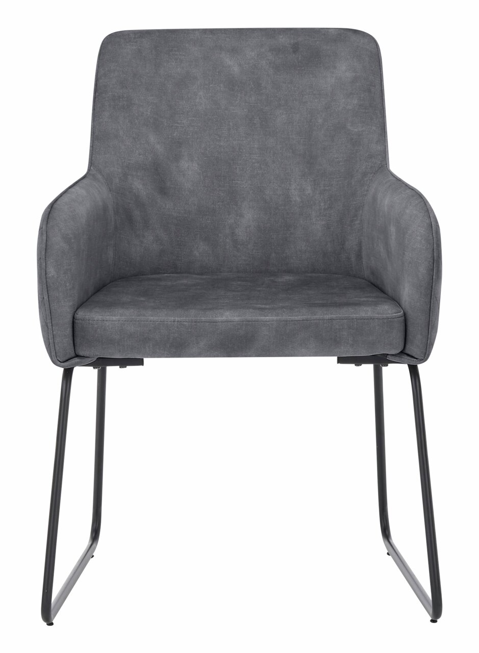 Grauer Kufenstuhl mit Armlehnen, Vorderansicht