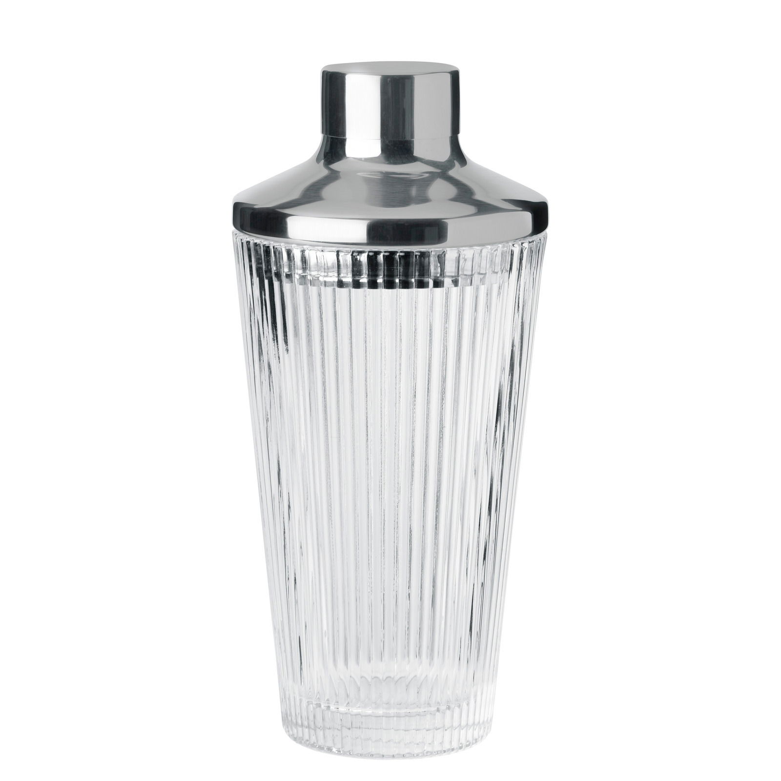 Klarer Pilastro Cocktail Shaker aus Glas mit geriffeltem Design, frontal abgebildet
