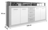 Modernes Sideboard XORA LUNA in Holzoptik mit weißen Türen und Schubladen, seitliche Perspektive, Maße: 95 cm hoch, 190 cm breit, 32 cm tief.