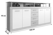 Modernes Sideboard XORA LUNA in Holzoptik mit weißen Türen und Schubladen, seitliche Perspektive, Maße: 95 cm hoch, 190 cm breit, 32 cm tief.