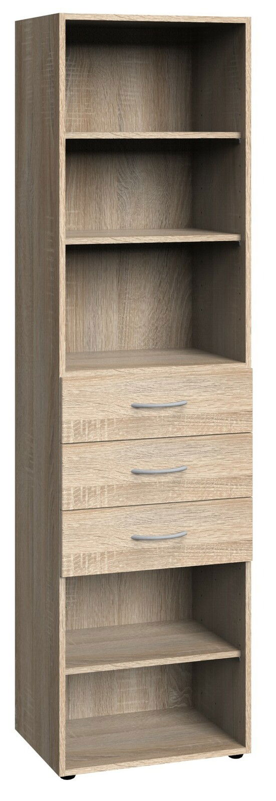 Hohes Regal aus Holz mit drei Schubladen und mehreren offenen Fächern, frontal betrachtet.