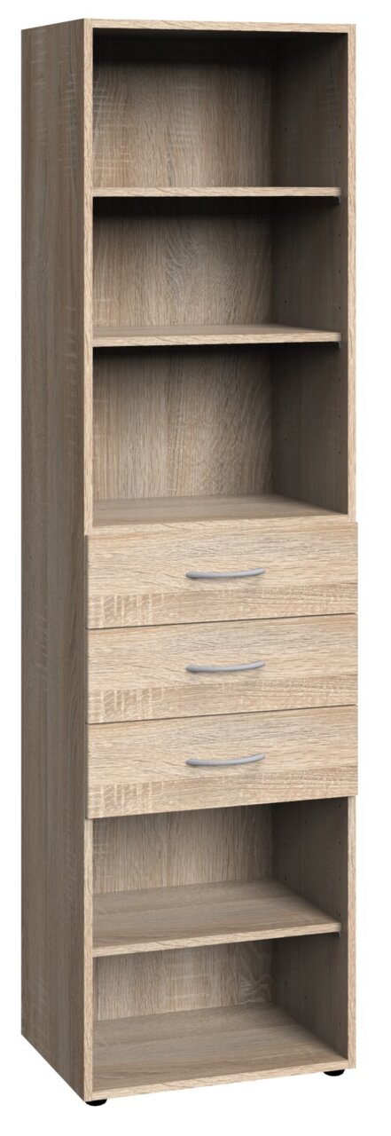 XORA Regal hoch MULTIRAUMKONZEPT Hohes Regal aus Holz mit drei Schubladen und mehreren offenen Fächern, frontal betrachtet.