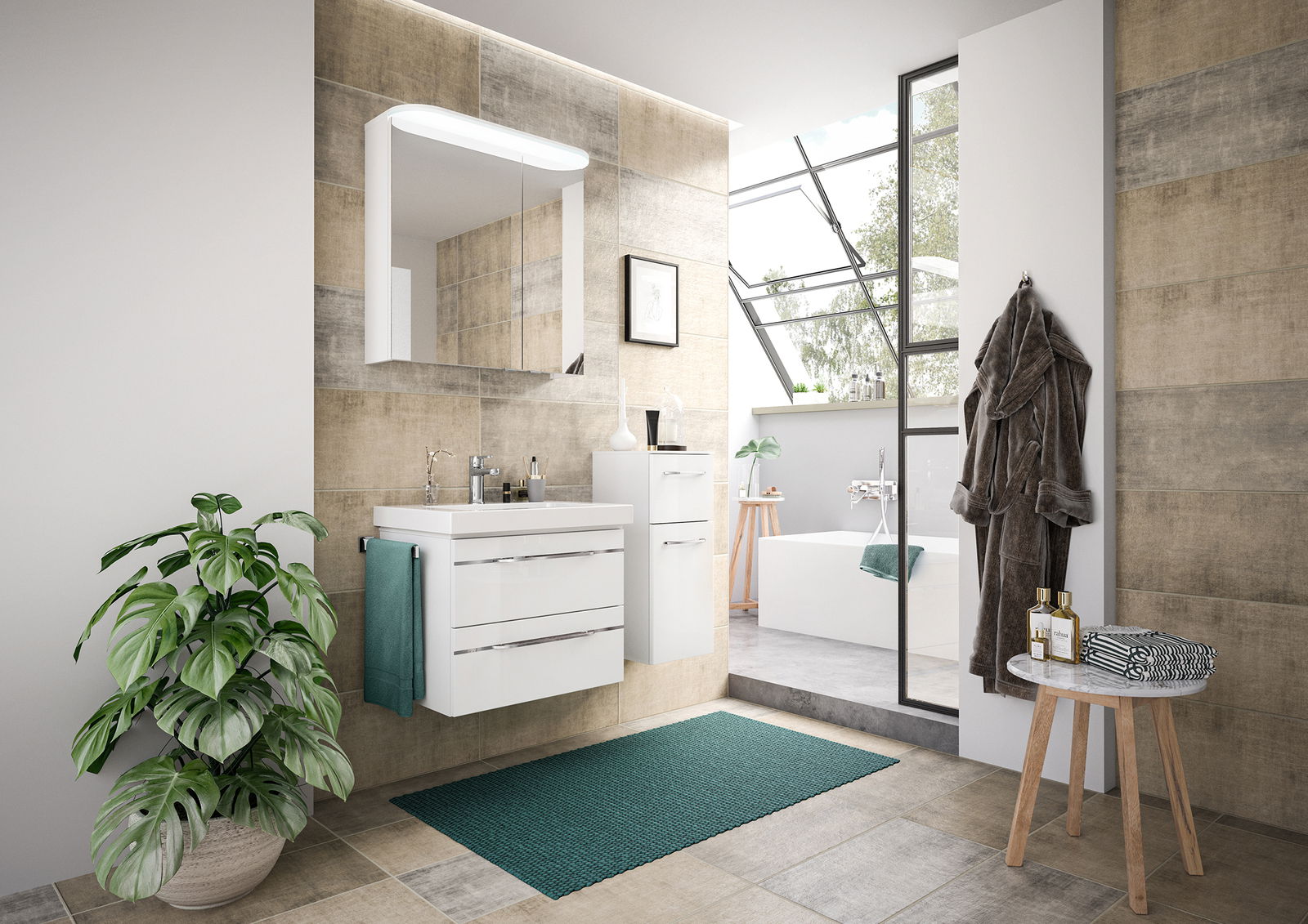 Modernes Badezimmer mit weißem Badblock, Spiegel und Pflanzen, seitliche Perspektive.