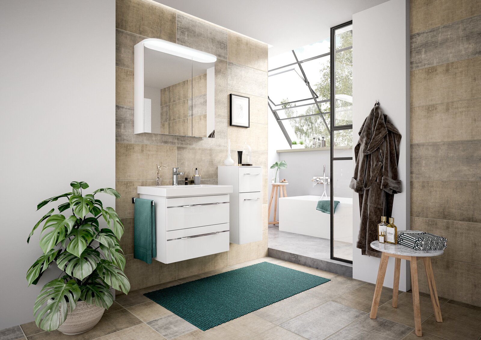 Modernes Badezimmer mit weißem Badblock, Spiegel und Pflanzen, seitliche Perspektive.