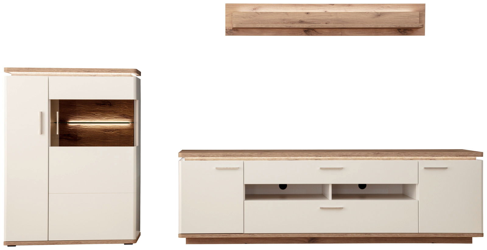 Frontale Ansicht einer modernen Wandkombination mit Holz- und weißen Elementen, bestehend aus einem hohen Schrank, einem TV-Board und einem Wandregal.