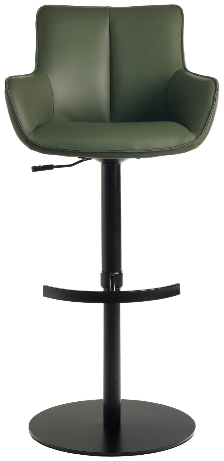 Grüner Barhocker mit Armlehnen, schwarzem Standfuß und Fußstütze, Frontalansicht