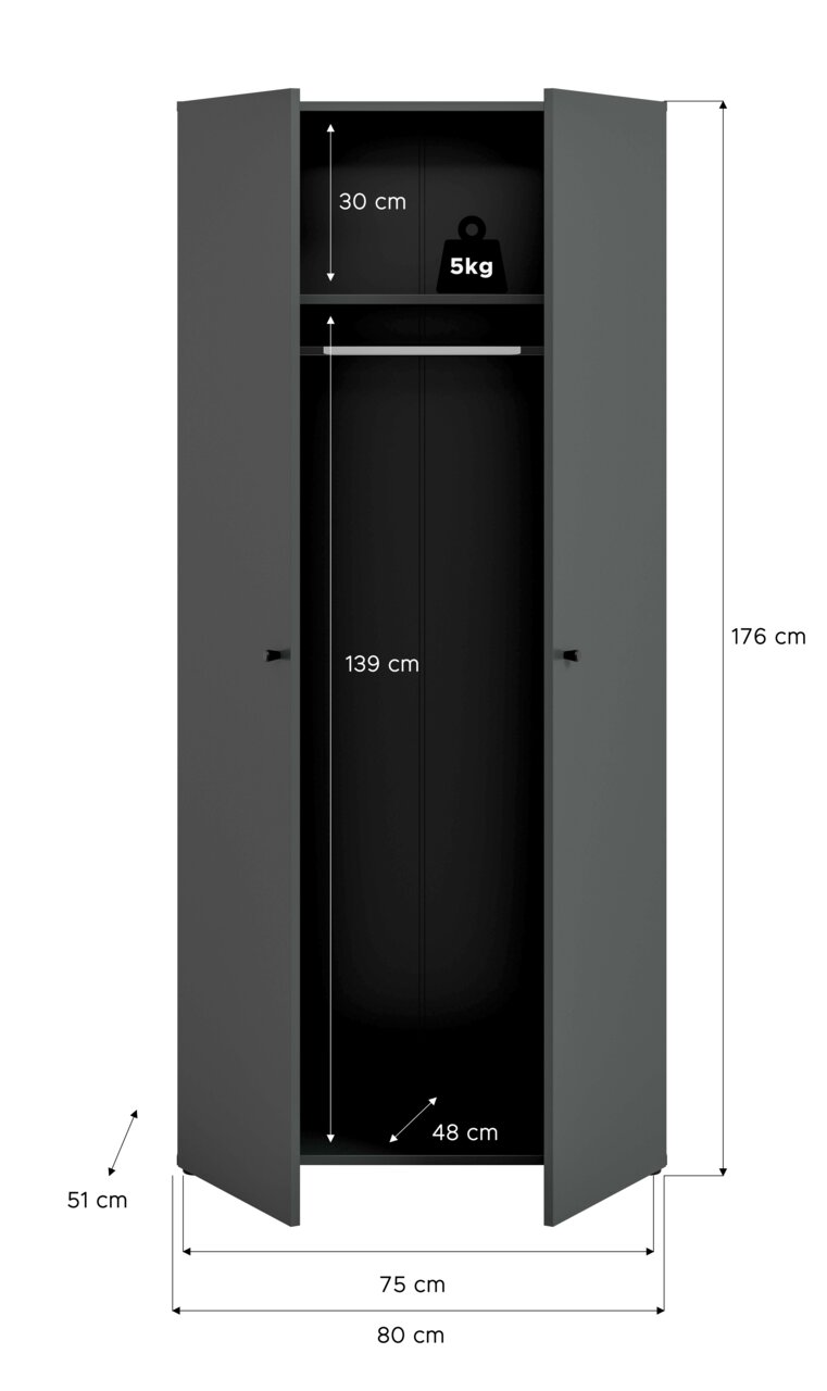 Offener zweitüriger Kleiderschrank in Dunkelgrau mit Kleiderstange und oberem Fach, Maßangaben (H 176 cm, B 80 cm, T 51 cm; Innenbreite 75 cm) und Hinweis auf 5 kg Traglast; Frontansicht leicht schräg von vorn.