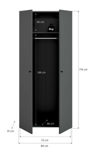 Offener zweitüriger Kleiderschrank in Dunkelgrau mit Kleiderstange und oberem Fach, Maßangaben (H 176 cm, B 80 cm, T 51 cm; Innenbreite 75 cm) und Hinweis auf 5 kg Traglast; Frontansicht leicht schräg von vorn.