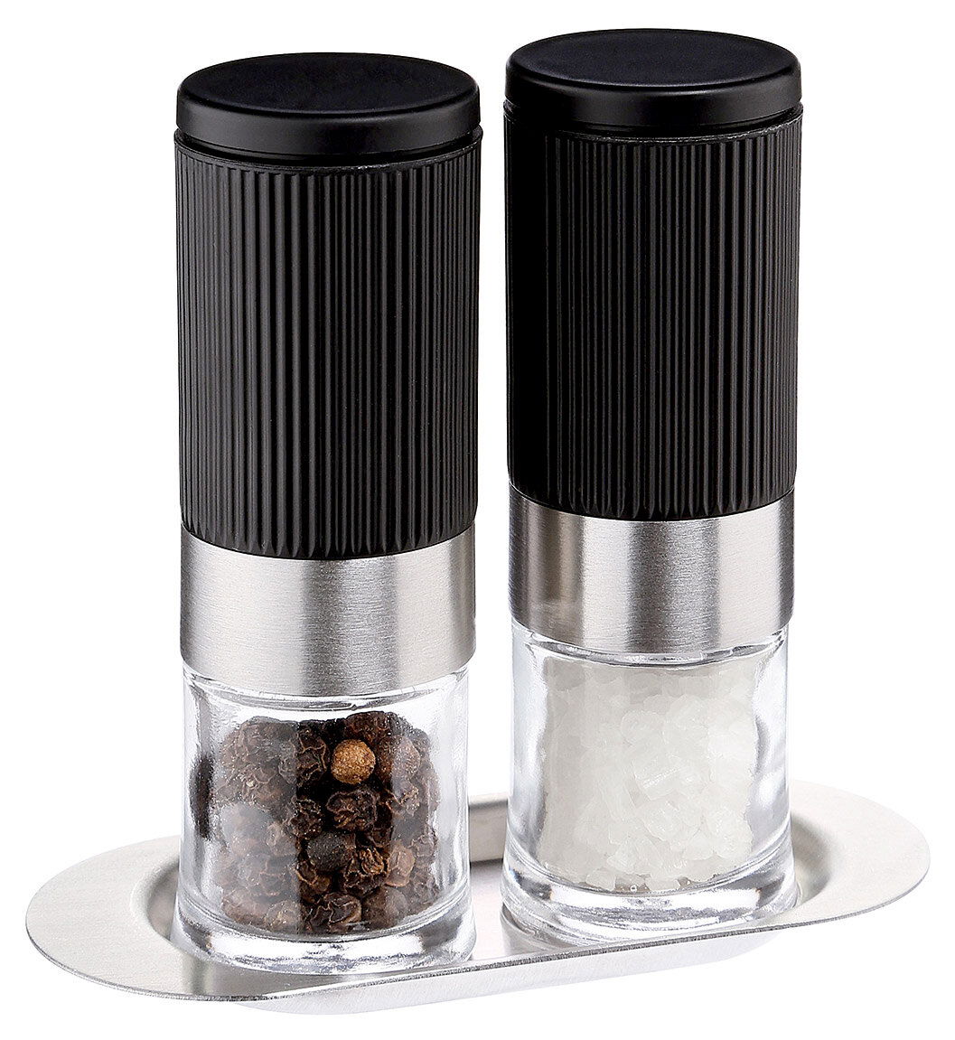 Cilio Pfeffer-/Salzmühle CAPRI Pfeffer- und Salzmühle Capri im 2er-Set, aus Glas und Edelstahl, mit schwarzem Deckel, auf einem Tablett, Frontalansicht