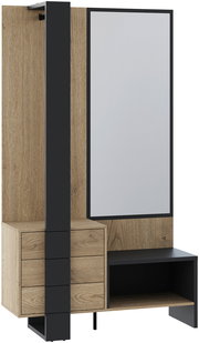 Kompaktgarderobe aus Holz und Metall mit Spiegel, Schubladen und Ablage, seitliche Perspektive