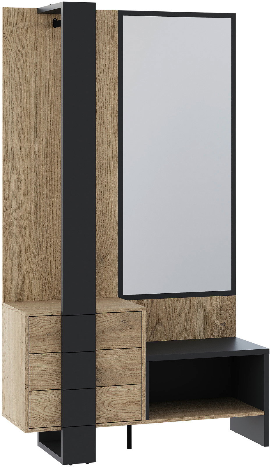 Kompaktgarderobe aus Holz und Metall mit Spiegel, Schubladen und Ablage, seitliche Perspektive