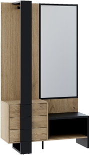 Compacte kapstok van hout en metaal met spiegel, lades en legplank, zijaanzicht