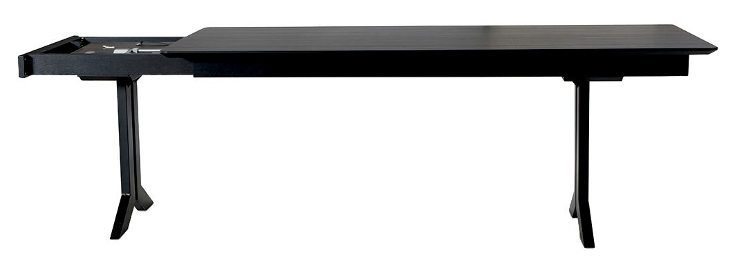 Moderner Esstisch 180x100cm in dunklem Holz, seitliche Perspektive mit ausziehbarer Funktion.