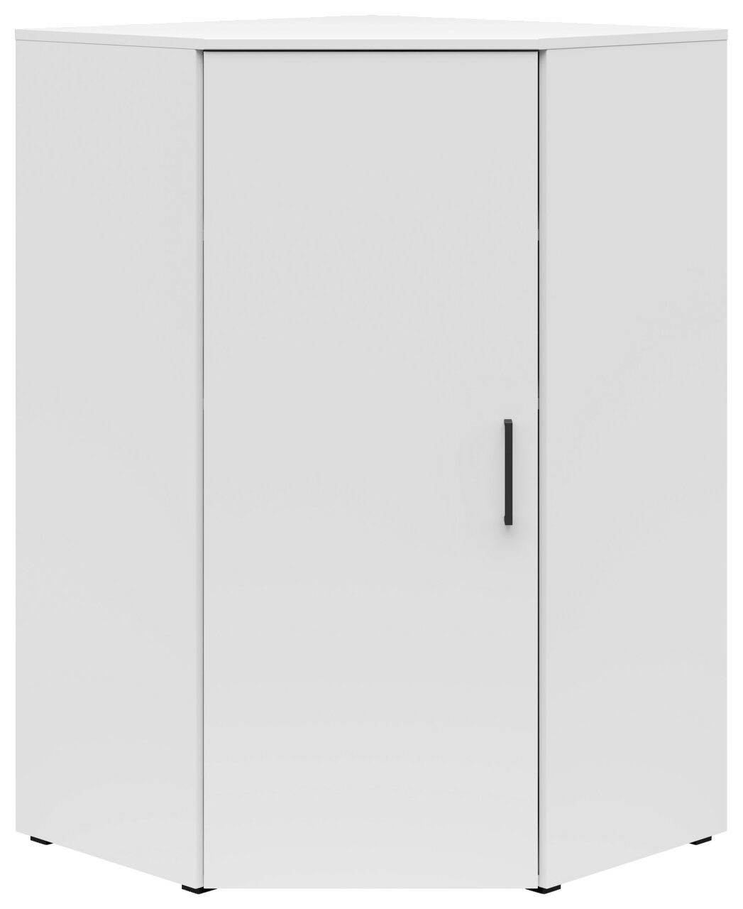 Weiße Eckkommode mit schwarzem Griff, frontal abgebildet