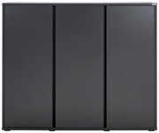 Moderner, schwarzer Schuhschrank mit drei Türen, Frontalansicht