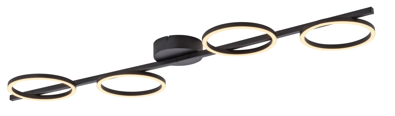 Moderne schwarze LED-Deckenleuchte mit vier ringförmigen Lichtquellen auf einer länglichen Schiene, warmweiß leuchtend, Ansicht schräg von unten vor weißem Hintergrund