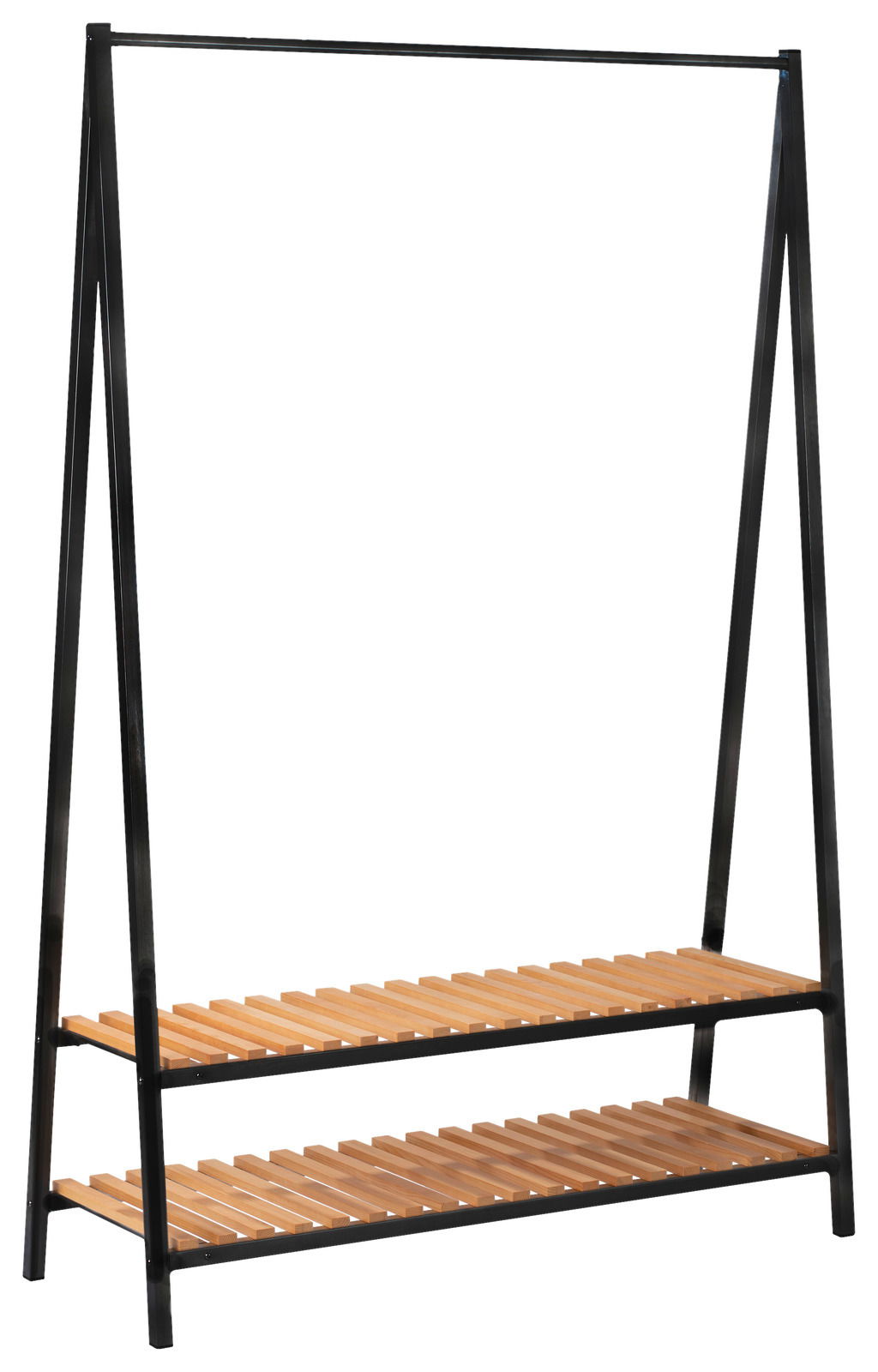 Cantus Garderobenständer ROBIN Moderner Garderobenständer mit schwarzem Metallrahmen und zwei hölzernen Ablagen, seitliche Perspektive.