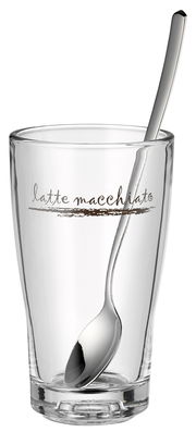 Latte Macchiato-Glas mit Löffel, seitliche Perspektive