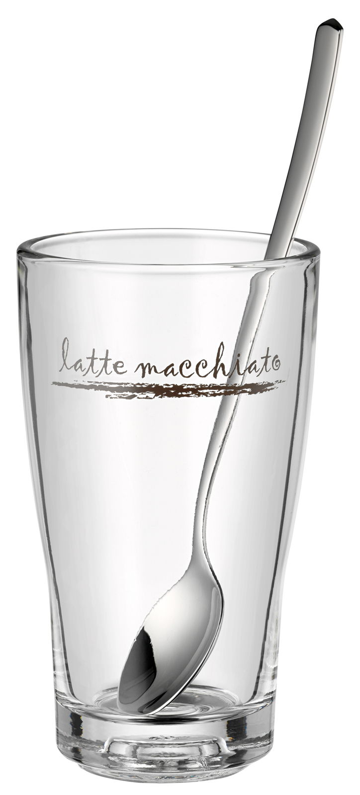 Latte Macchiato-Glas mit Löffel, seitliche Perspektive