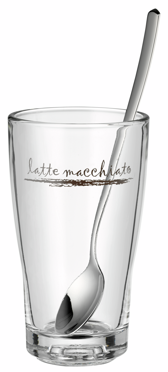 Latte Macchiato-Glas mit Löffel, seitliche Perspektive
