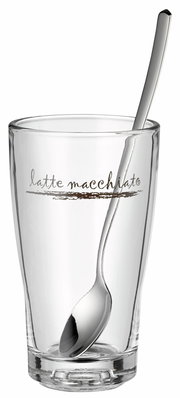 Latte Macchiato-Glas mit Löffel, seitliche Perspektive