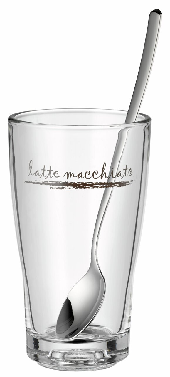 Latte Macchiato-Glas mit Löffel, seitliche Perspektive