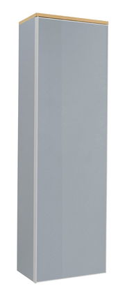 Moderner Hängegarderobenschrank in Grau mit Holzoberseite, seitliche Perspektive