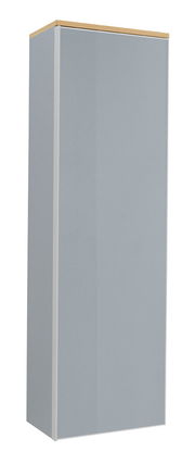 Moderner Hängegarderobenschrank in Grau mit Holzoberseite, seitliche Perspektive