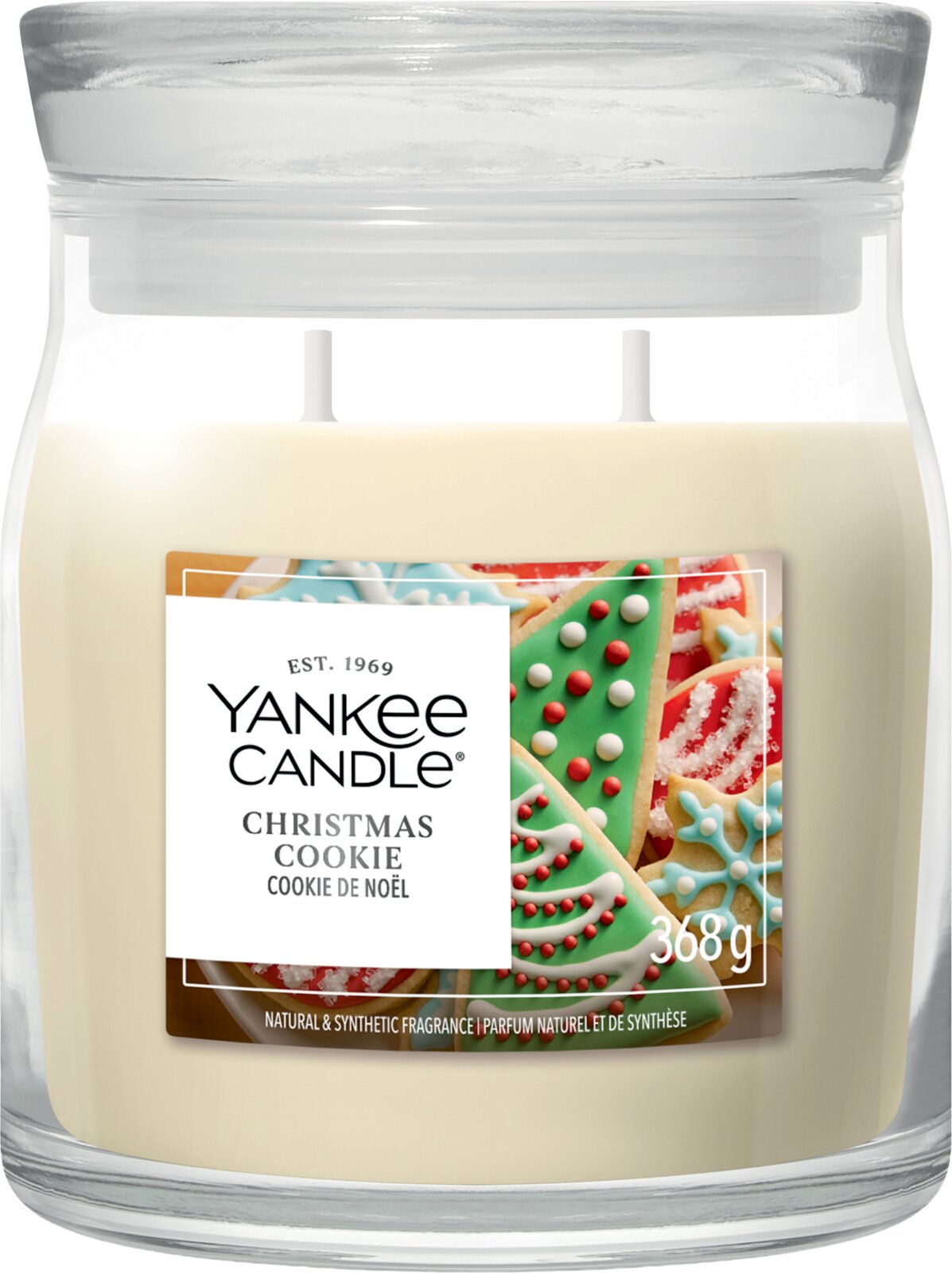 Yankee Candle Christmas Cookie Duftkerze mit zwei Dochten im großen Glas mit Glasdeckel, 368 g, frontal abgebildet