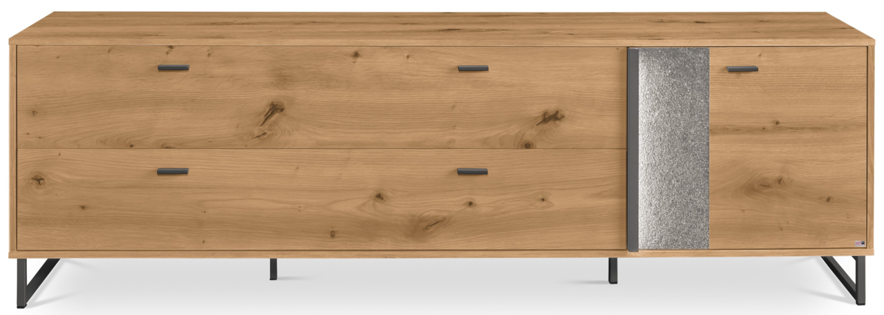 TV-Lowboard aus Holz mit zwei Schubladen und einer Tür, Frontansicht