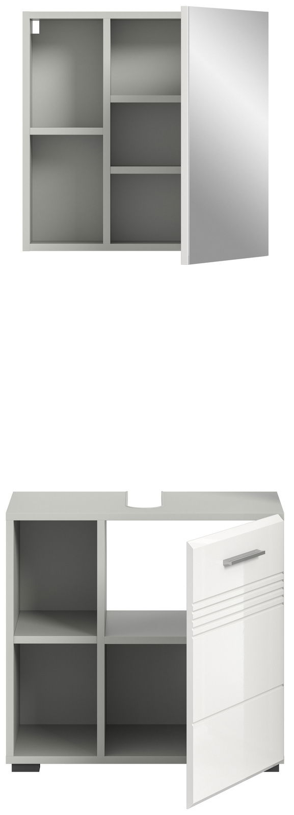 Badkombination bestehend aus einem Hängeschrank mit Spiegel und einem Unterschrank mit offenen Fächern und einer Tür, frontal abgebildet.