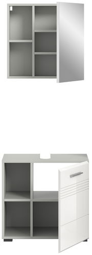 Badkombination bestehend aus einem Hängeschrank mit Spiegel und einem Unterschrank mit offenen Fächern und einer Tür, frontal abgebildet.