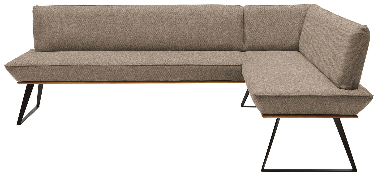 Eckbank in U-Form mit braunem Stoffbezug und schwarzen Metallbeinen, Perspektive von vorne