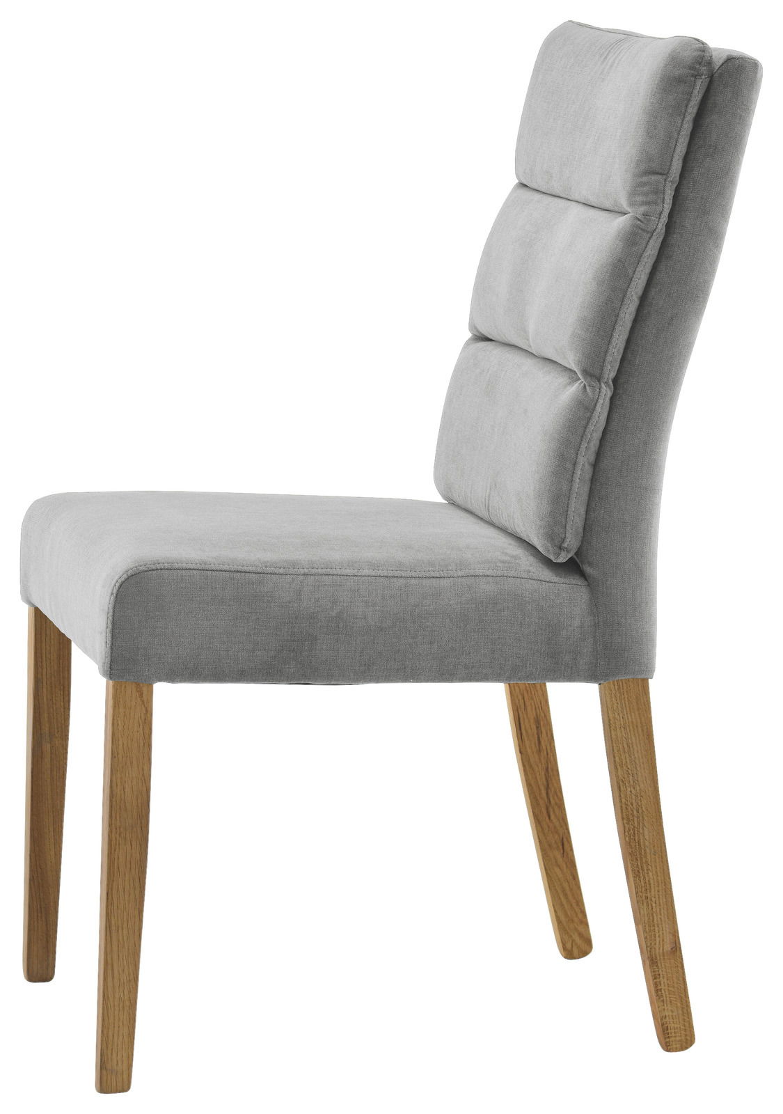 Grauer Polsterstuhl mit Holzbeinen, Seitenansicht