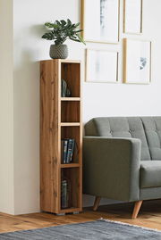 Schmales, hohes Regal aus Holz mit mehreren Fächern, dekoriert mit Büchern und Pflanzen, neben einem grauen Sofa in einem modernen Wohnzimmer. Perspektive von vorne.