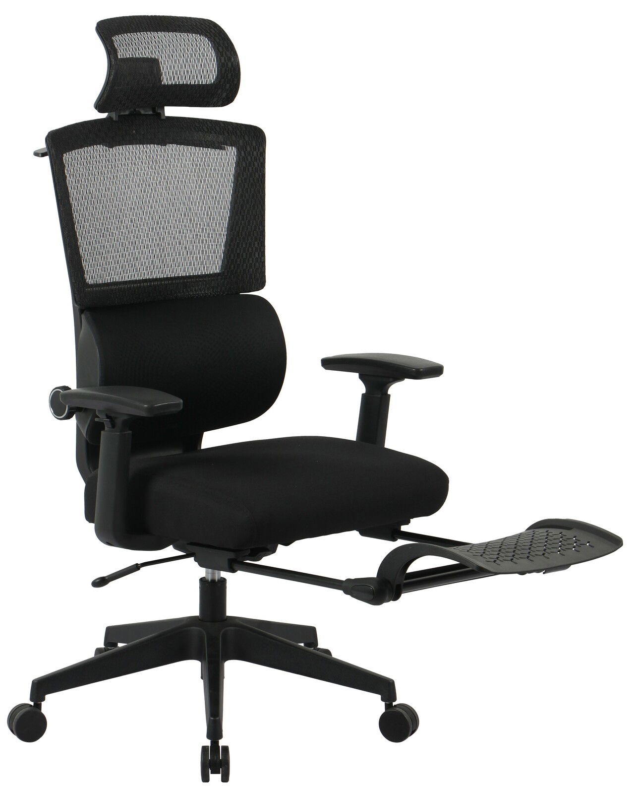 Schwarzer Chefsessel mit Netzrückenlehne, verstellbarer Kopfstütze und ausziehbarer Fußstütze, seitliche Perspektive